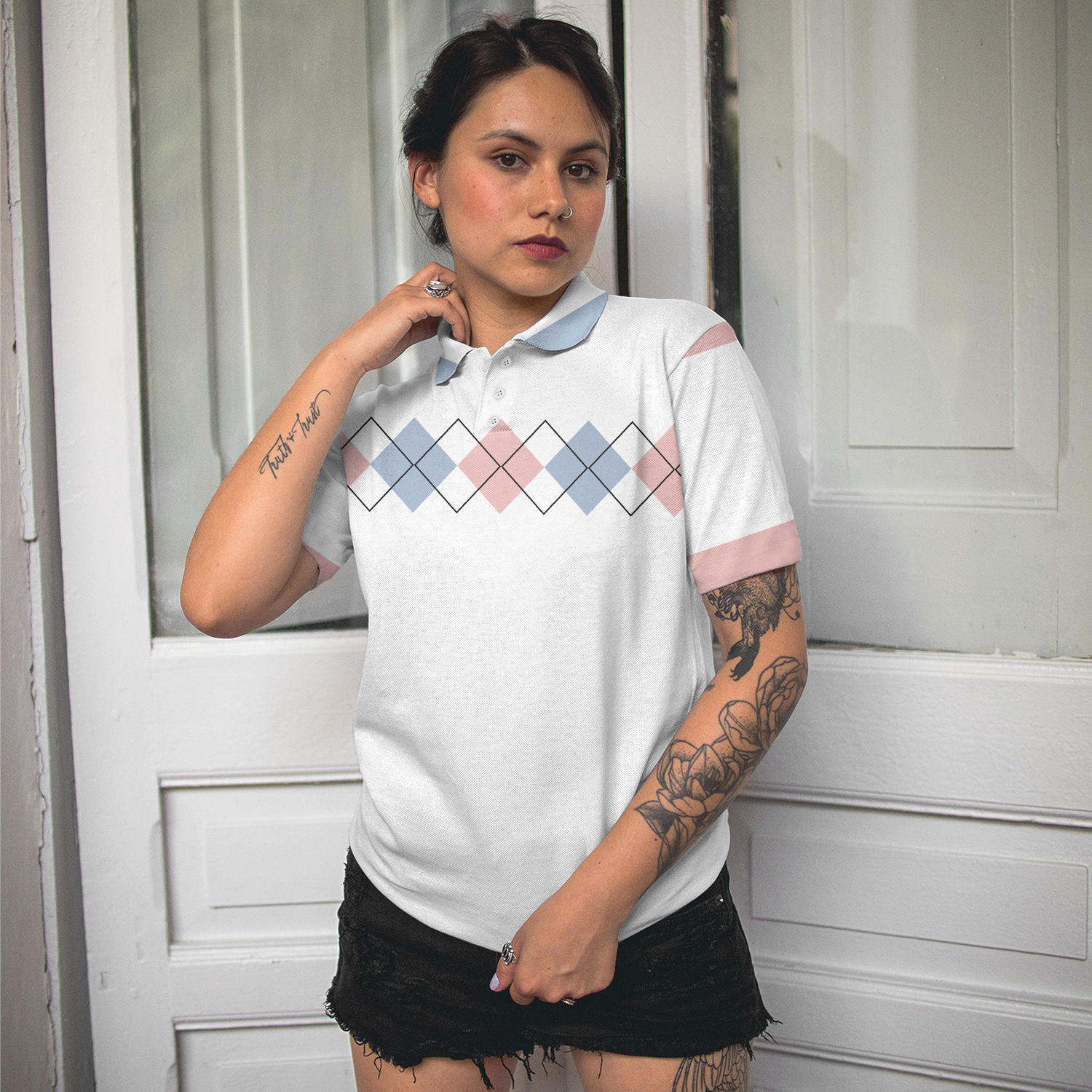 Pink Blue And Black Argyle Golf Short Sleeve Women Polo Shirt - Hyperfavor