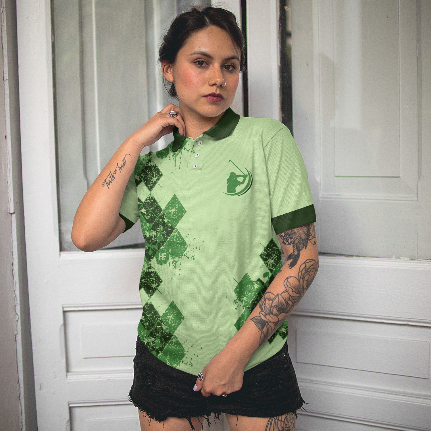 Queen Of The Green Golf Girl Short Sleeve Women Polo Shirt, Green Argyle Pattern Golf Shirt, Cool Golf Gift For Women