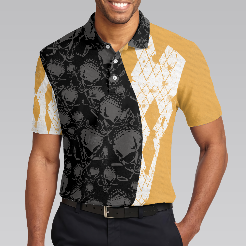 Golf Coach Polo Shirt, Black Skull Pattern Golf Shirt For Male Golfers, Argyle Pattern Golfing Shirt