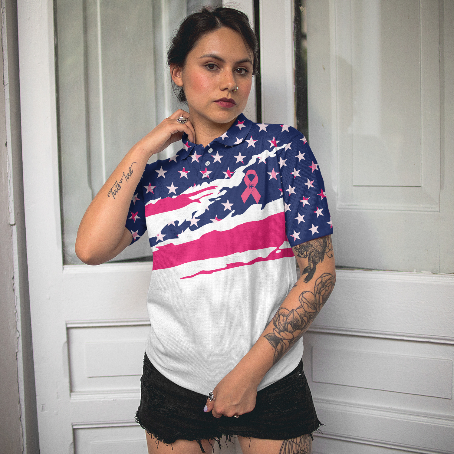 Fight American Breast Cancer Flag Short Sleeve Women Polo Shirt, Colorful Breast Cancer Awareness Month Shirt