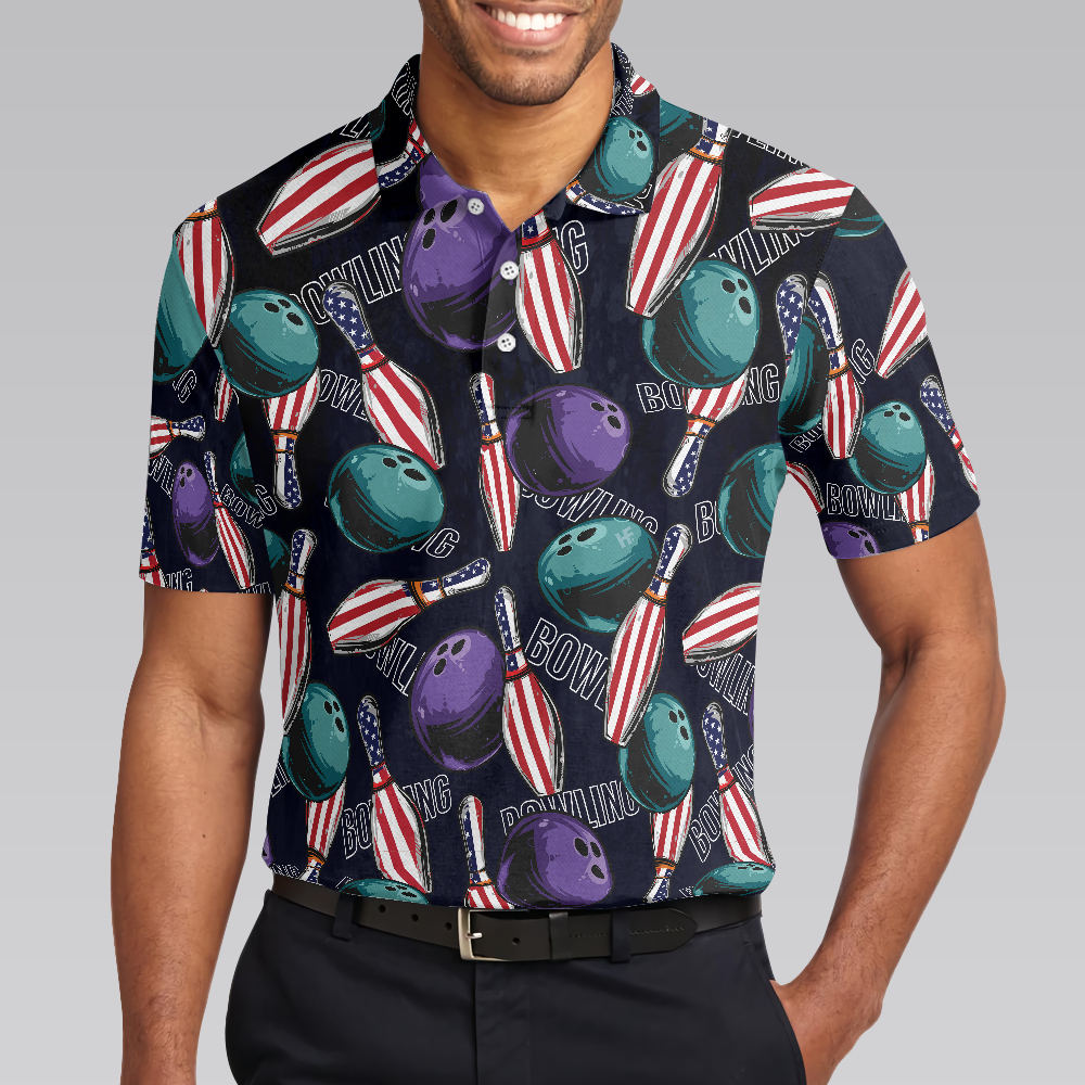 Bowling Is My Life Polo Shirt, American Flag Pattern Bowling Shirt For Men