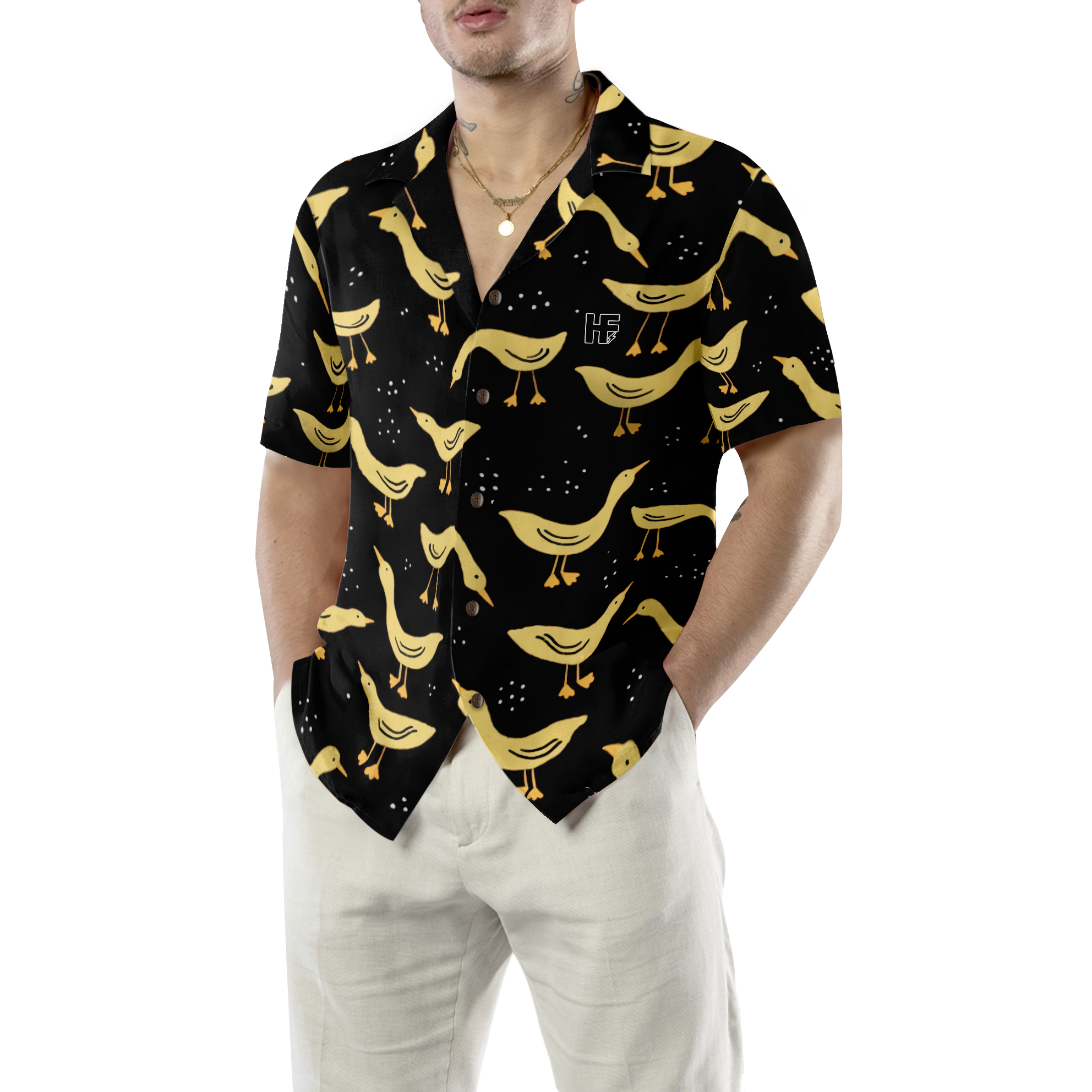 Ducks In Darkness Hawaiian Shirt For Men, Black And Yellow Banana Duck Pattern Hawaiian Shirt