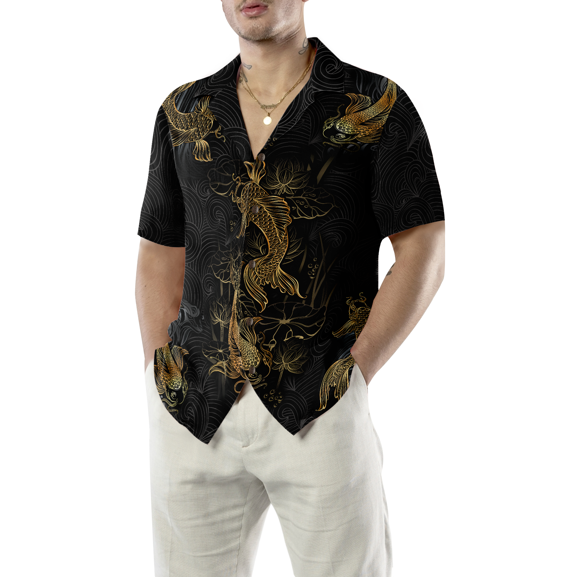 Golden Koi Fish On Waves Hawaiian Shirt