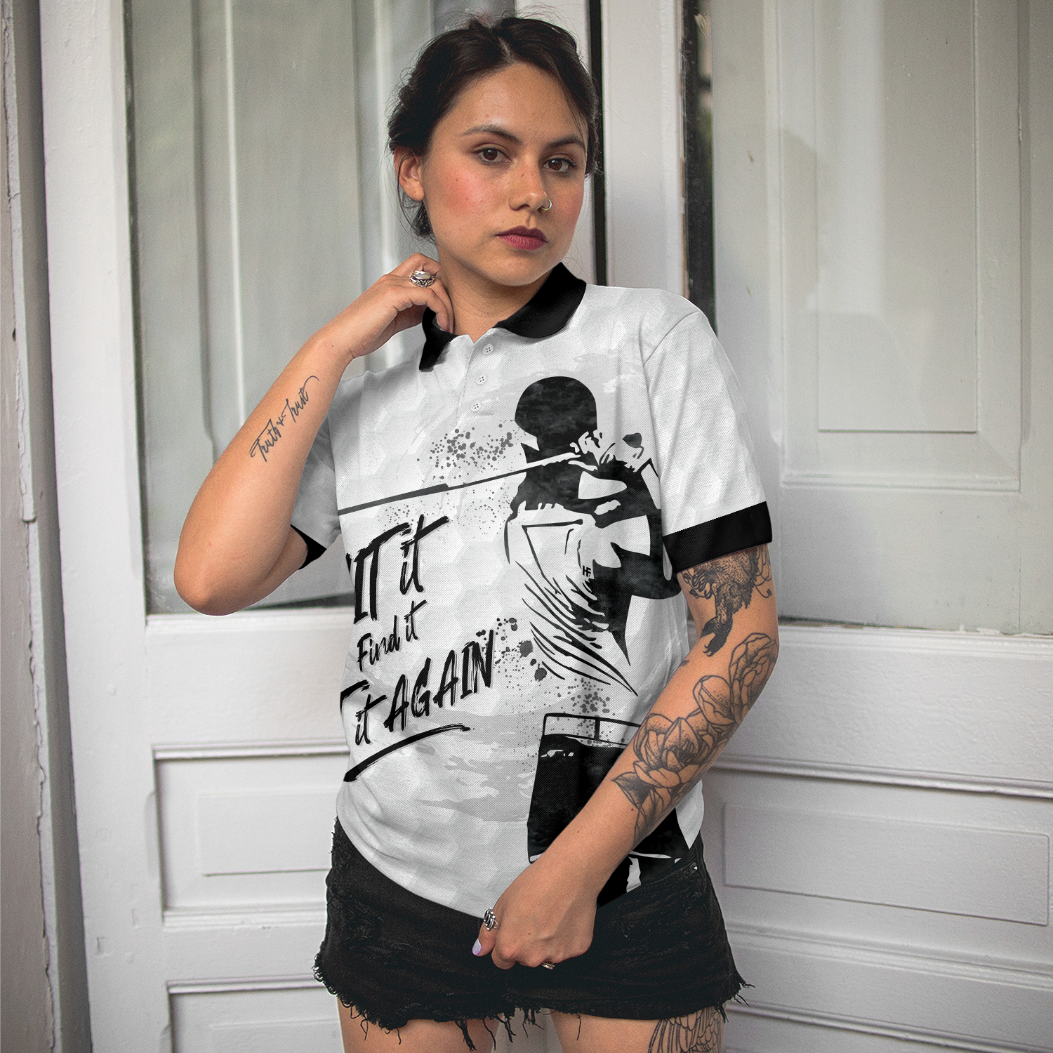 Hit It Find It Hit It Again Short Sleeve Woman Polo Shirt, Black And White Golf Shirt For Ladies, Cool Female Golf Gift