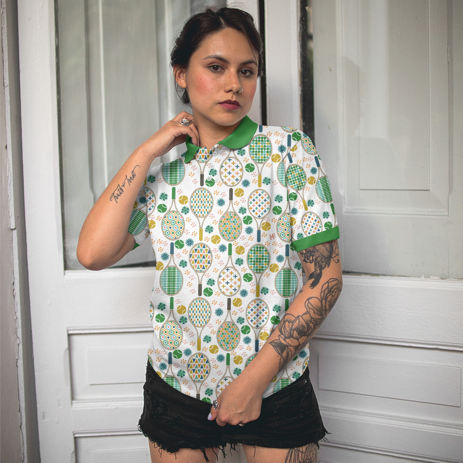 Green And Golden Tennis Pattern Short Sleeve Women Polo Shirt
