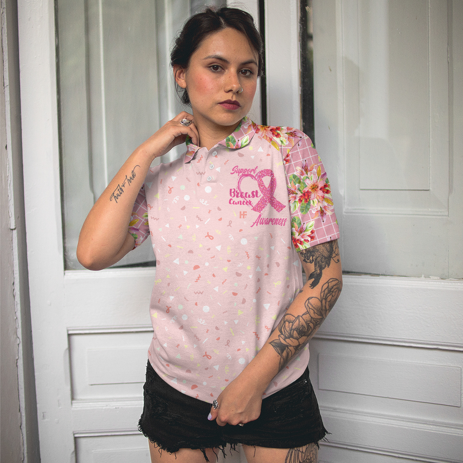 Fight Love Hope Breast Cancer Awareness Short Sleeve Women Polo Shirt