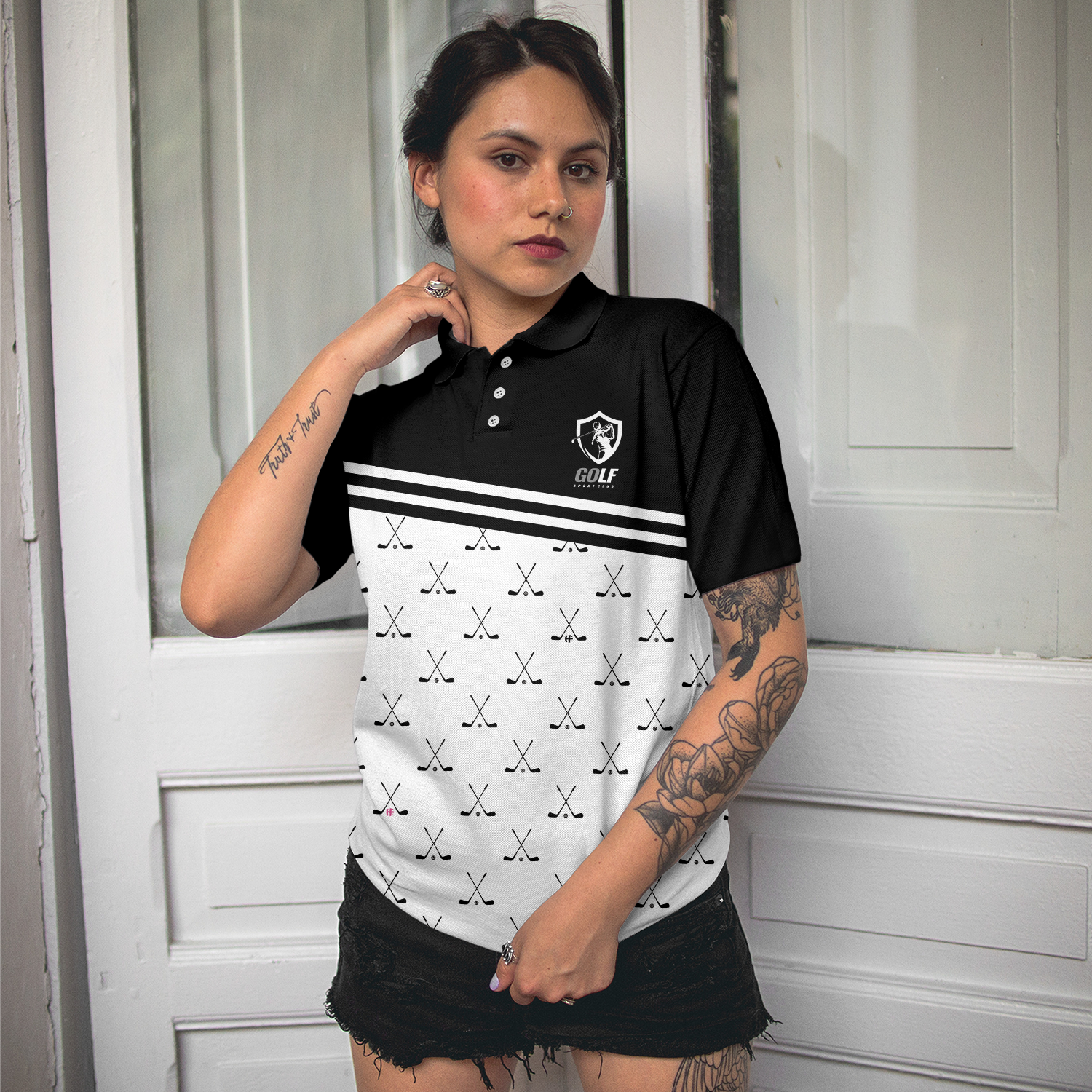 Crossed Black Golf Clubs Golf Short Sleeve Women Polo Shirt, Black And White Golf Shirt For Ladies