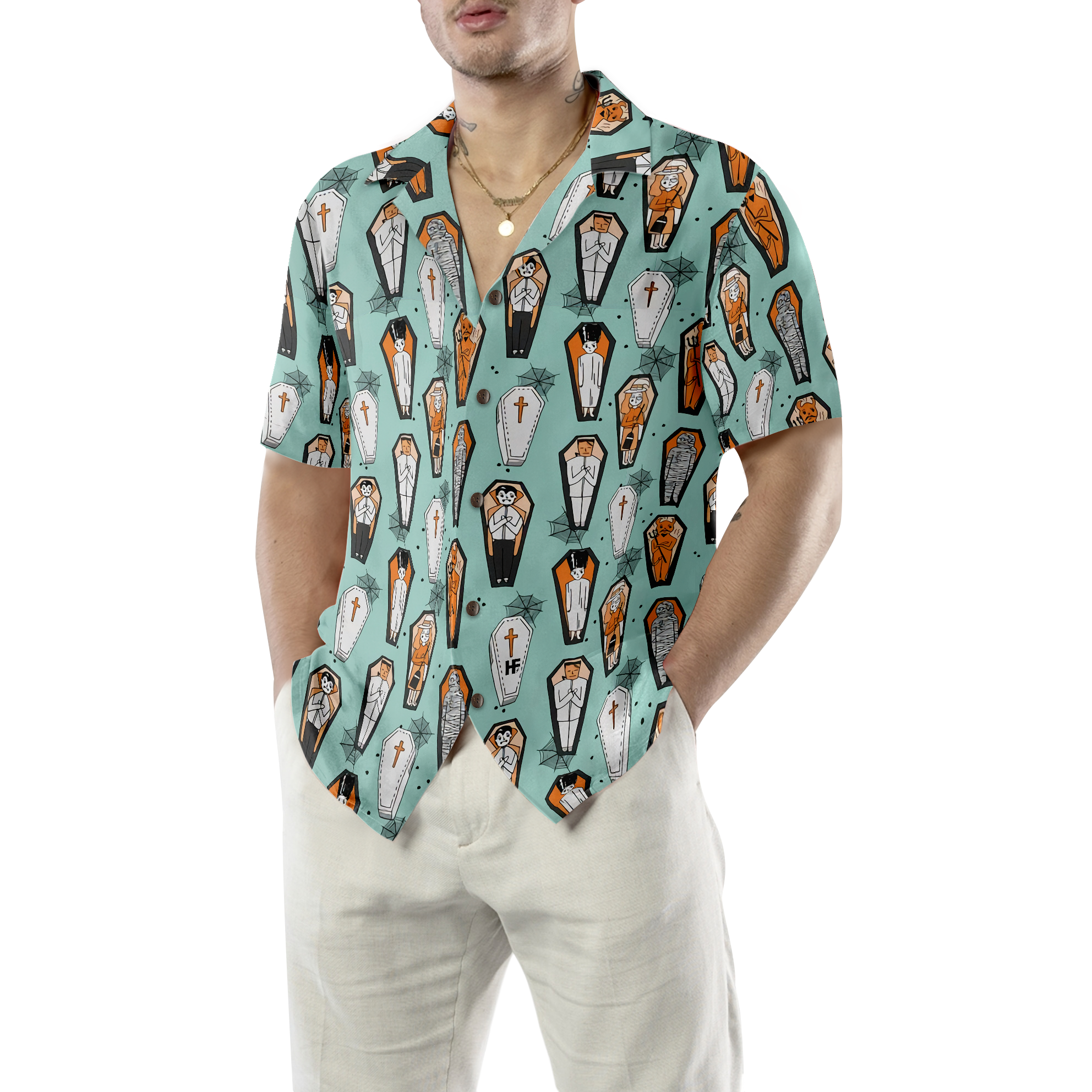 Vampire Coffins Halloween Shirt For Men, Arctic Blue Coffin Pattern Hawaiian Shirt