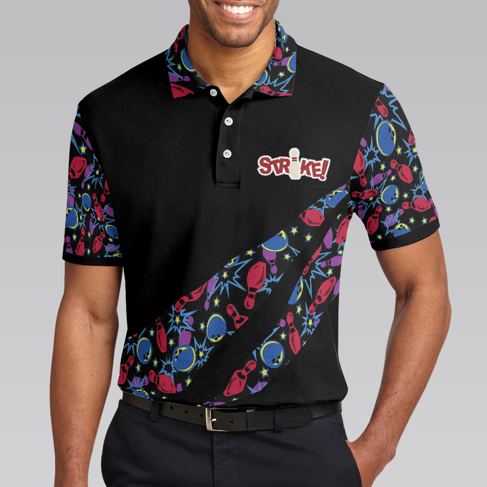Split Happen Polo Shirt, Bowling Ball & Pin Seamless Pattern Bowling Shirt For Men