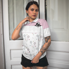 Play With Me Badminton Short Sleeve Women Polo Shirt, White And Pink Badminton Shirt For Women