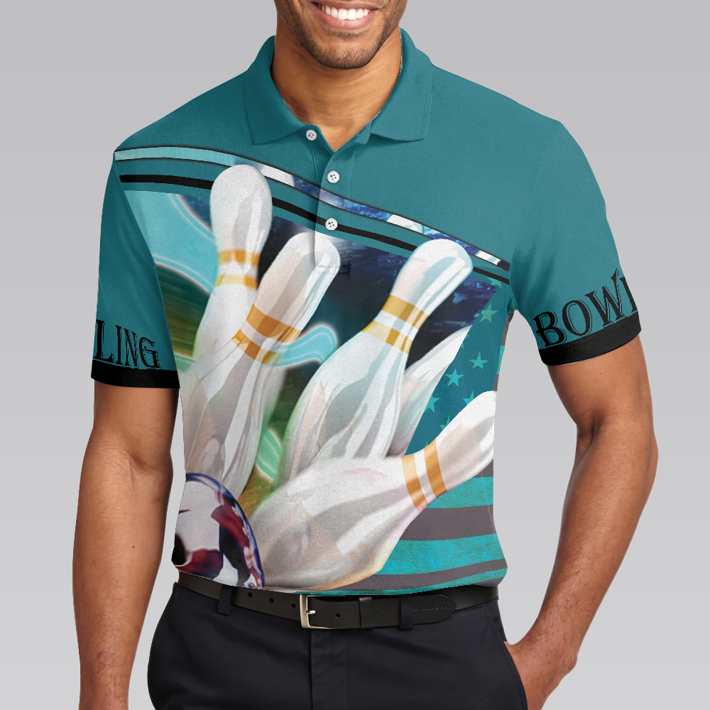 Love Bowling Polo Shirt, Blue American Flag Bowling Shirt For Men