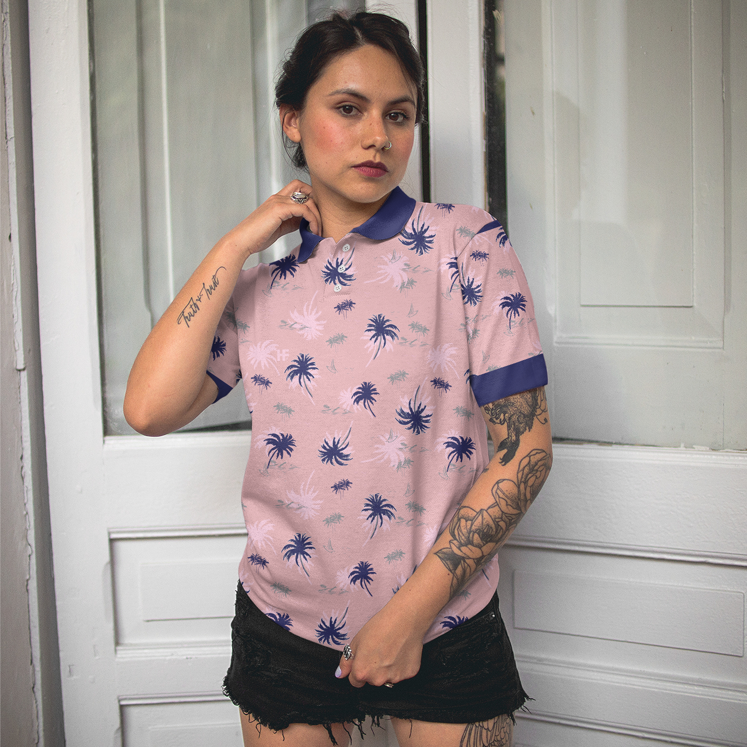 Tropical Palm Tree Pattern Shirt Short Sleeve Women Polo Shirt