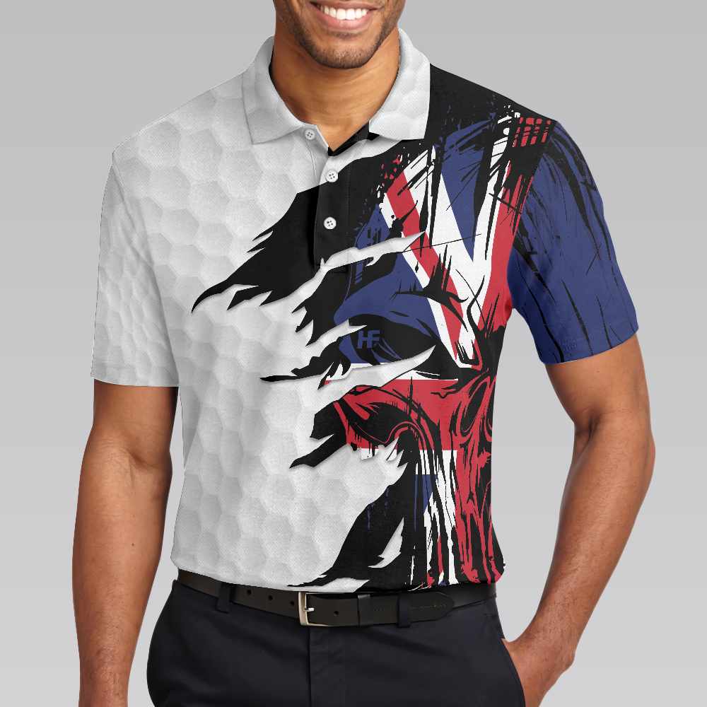 Skull United Kingdom Ripped Golf Short Sleeve Polo Shirt, Golf Pattern Polo Shirt, UK Golf Shirt For Men