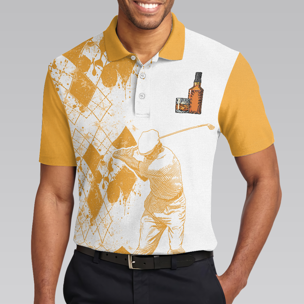 Golf And Wine Polo Shirt, Orange Argyle Pattern Golf Shirt For Male Players, Funny Golf Shirt With Sayings