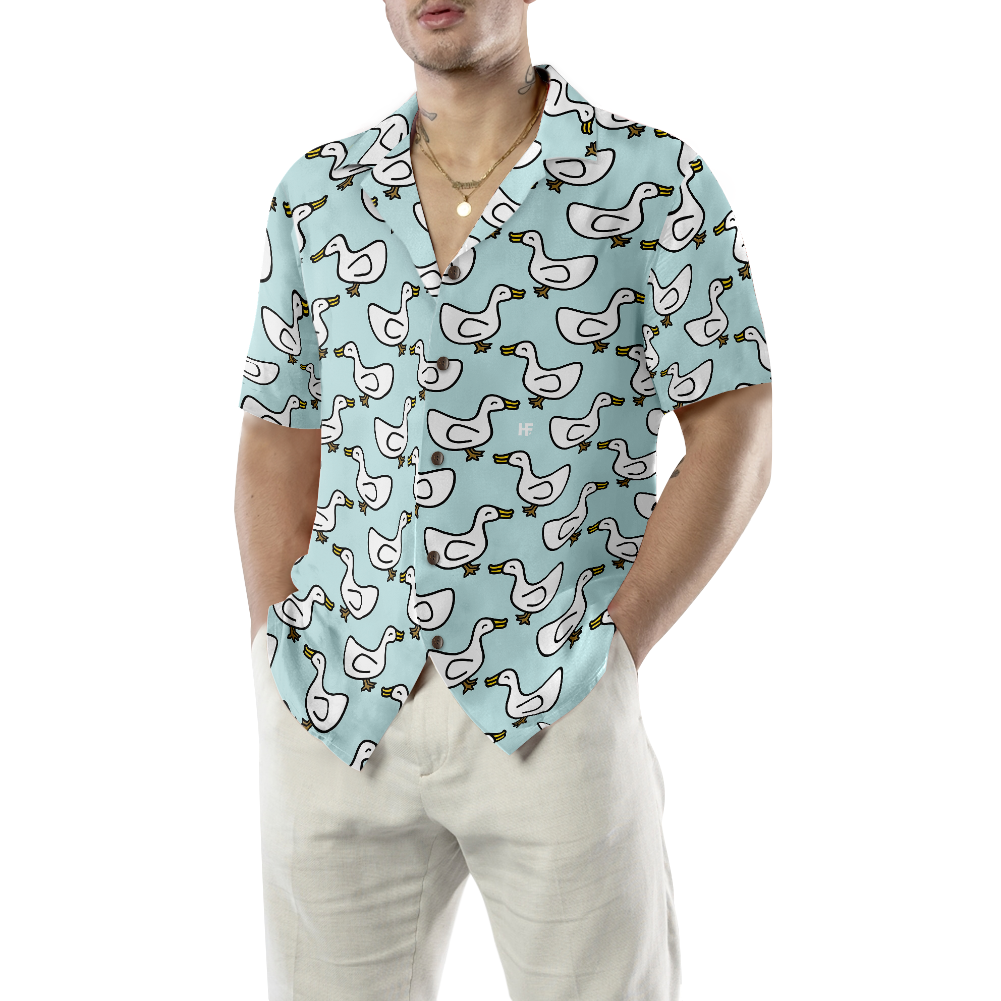 White Duck Cartoon In Blue Hawaiian Shirt