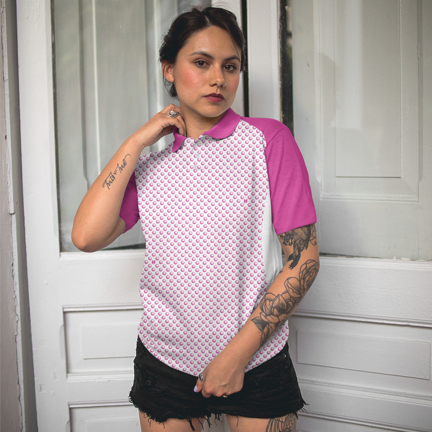 Pink Golf Balls Seamless Pattern Short Sleeve Women Polo Shirt