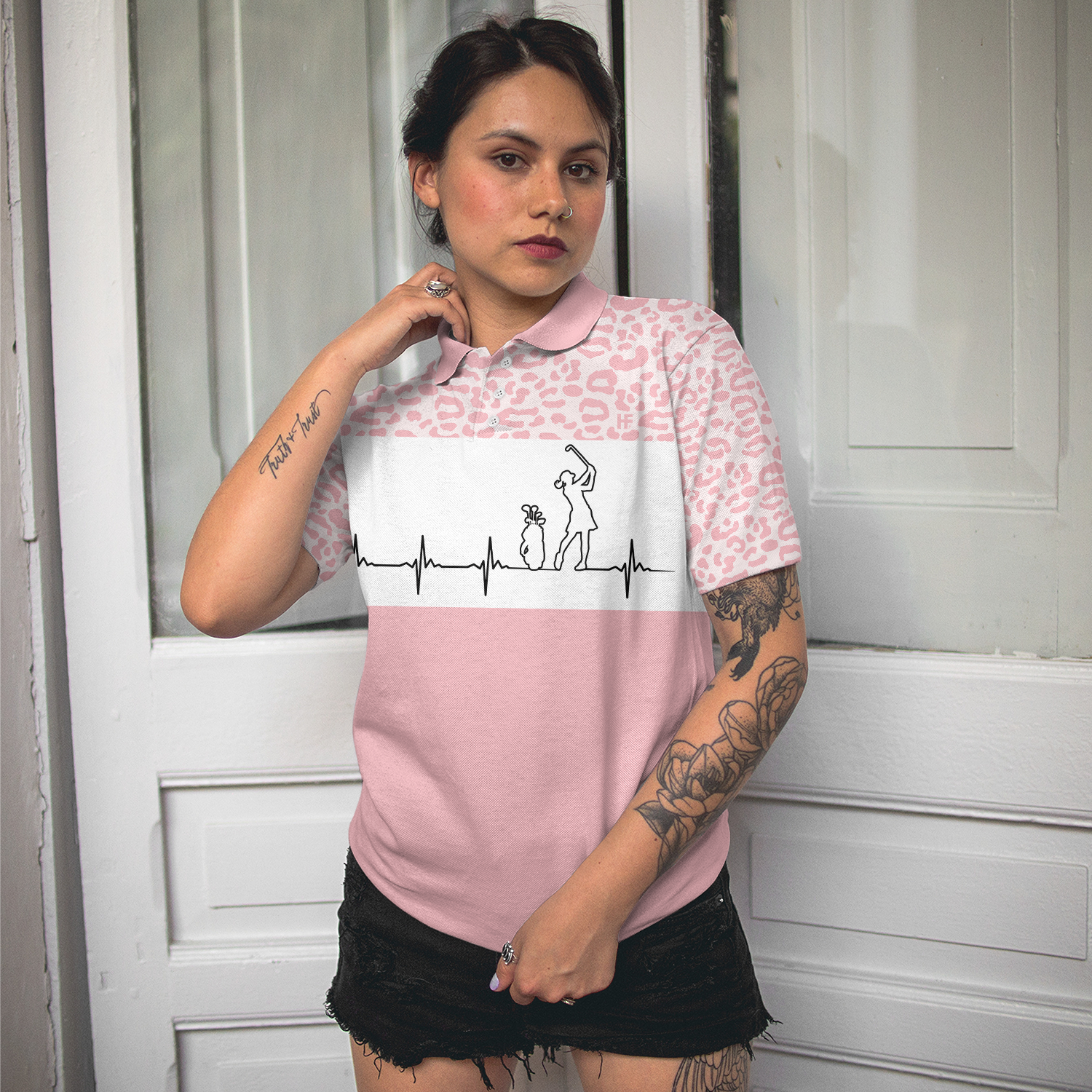 Pink Golfbeat Leopard Golf Short Sleeve Women Polo Shirt