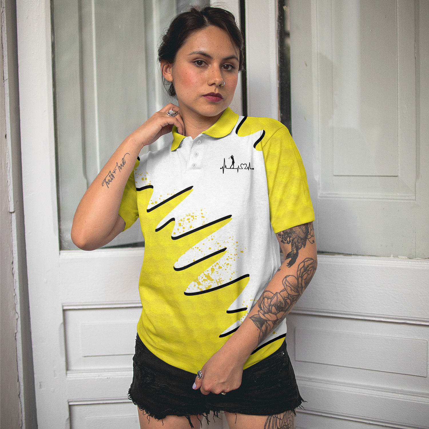 Sporty And Cutie Golf Girl Golf Short Sleeve Women Polo Shirt, White And Yellow Golf Shirt For Ladies