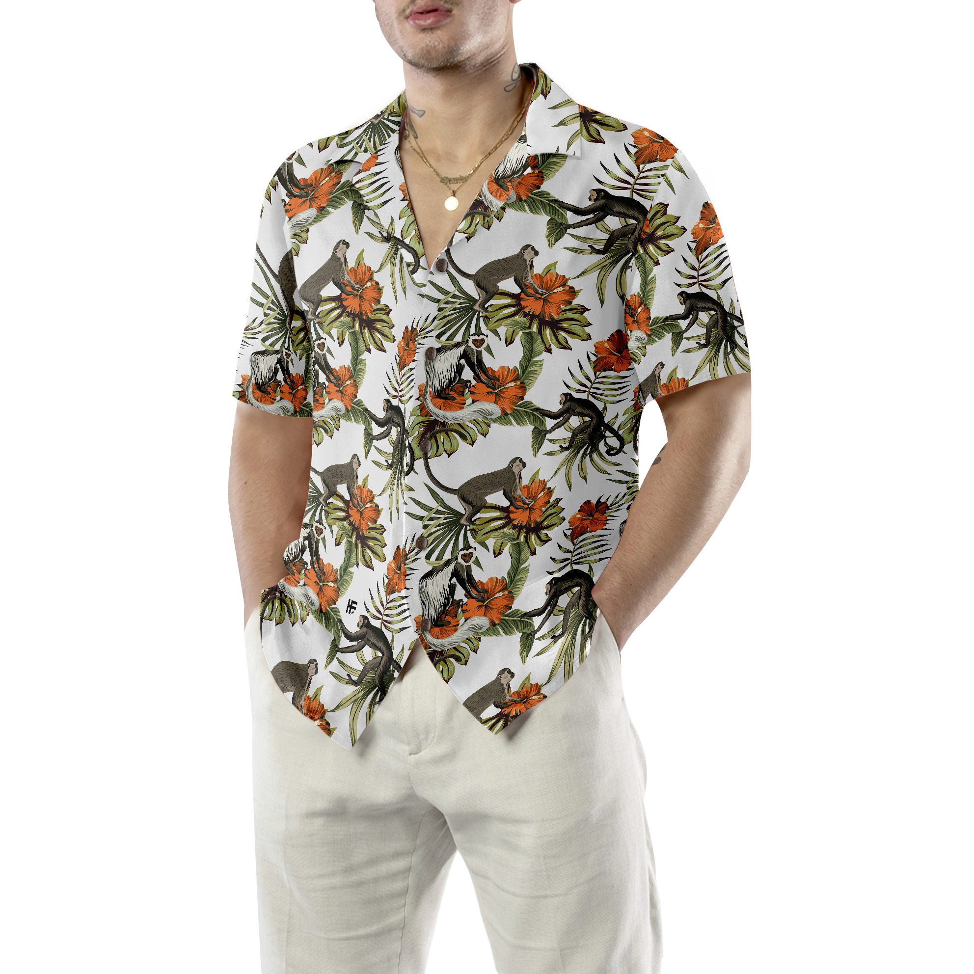 Tropical Red Hibiscus Flower Monkey Shirt For Men Hawaiian Shirt