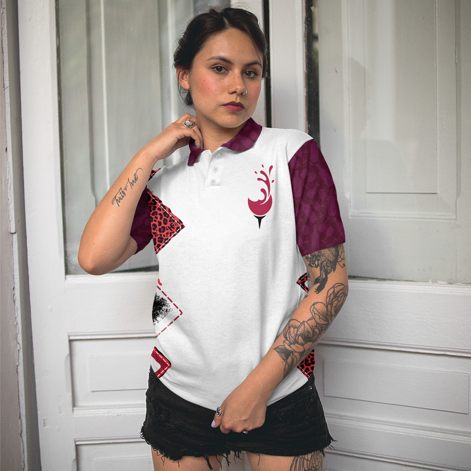You Say Girl Can't Golf So Watch Me Leopard Golf Short Sleeve Women Polo Shirt, Plum Purple Wine Drinking Golf Shirt For Ladies