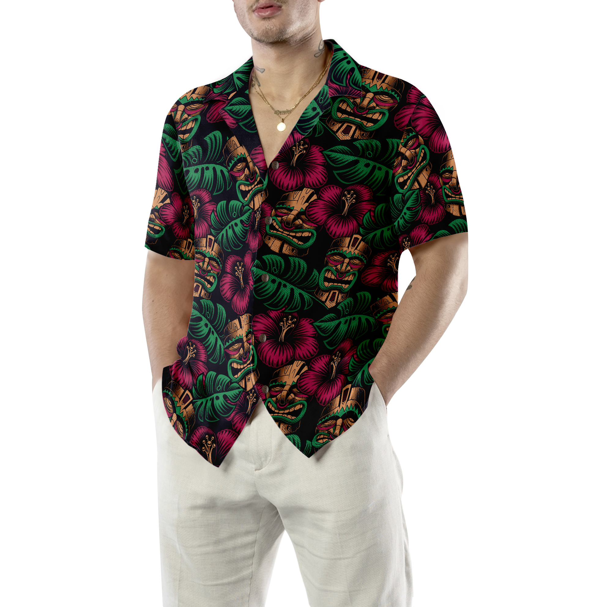 Retro Tiki Mask Seamless Pattern Tiki Hawaiian Shirt, Funny Tiki Shirt For Women And Men