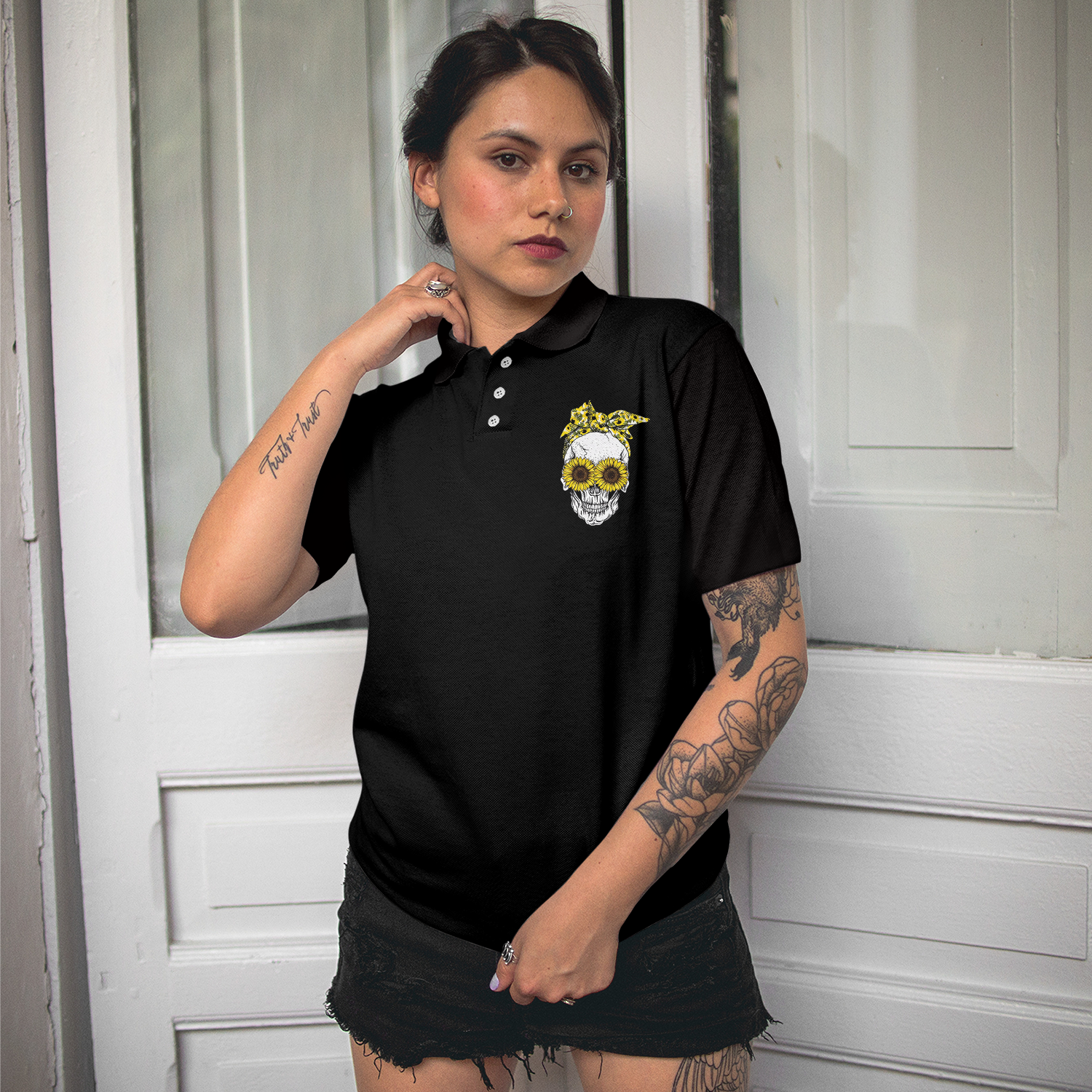 You Are My Sunshine Skull Sunflower Short Sleeve Women Polo Shirt, Black Skull Polo Shirt For Ladies