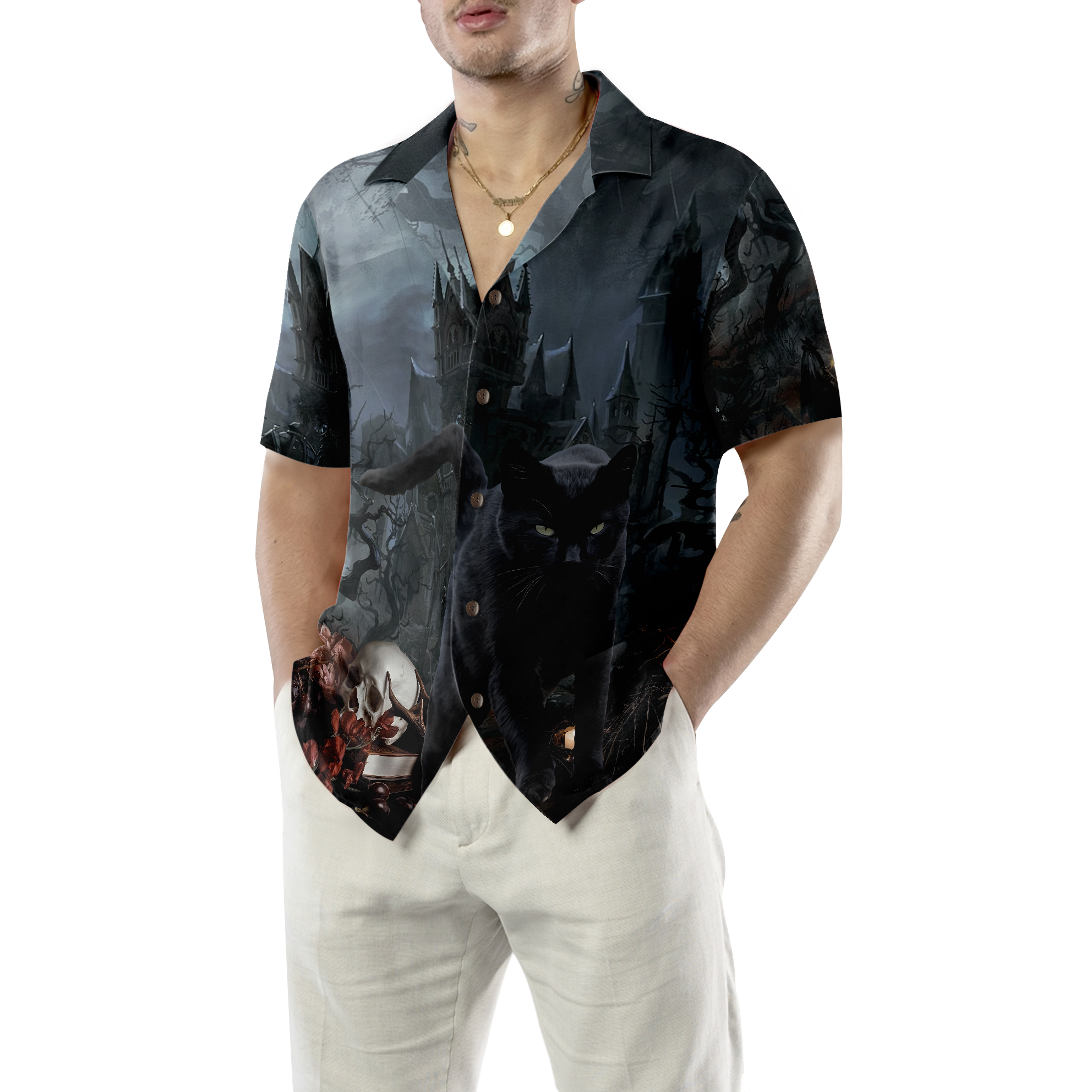 Black Cat In Spooky Halloween Hawaiian Shirt, Halloween Shirt For Men And Women