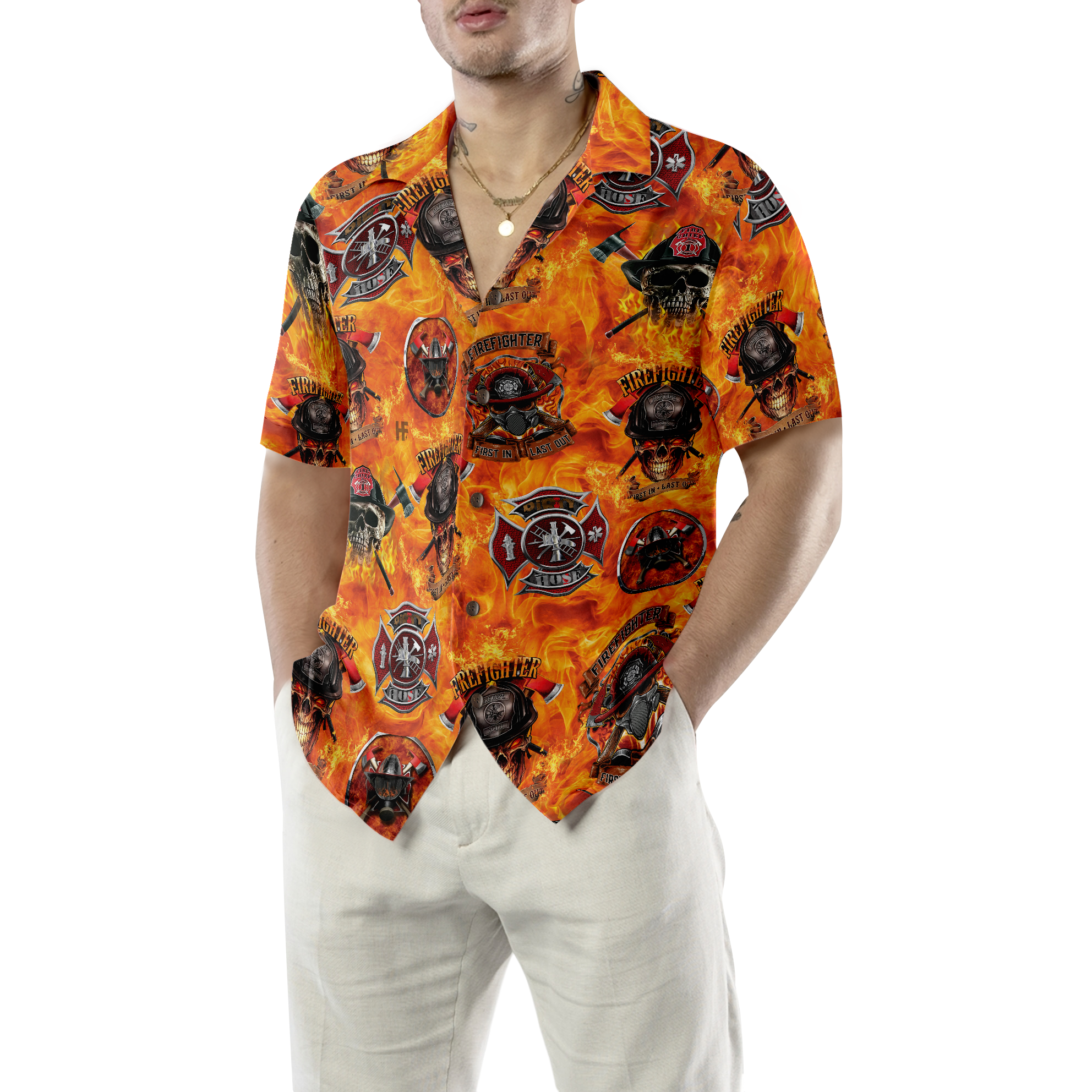 First In Last Out Firefighter Hawaiian Shirt, Viking Style Flame Skull Shield Firefighter Shirt For Men
