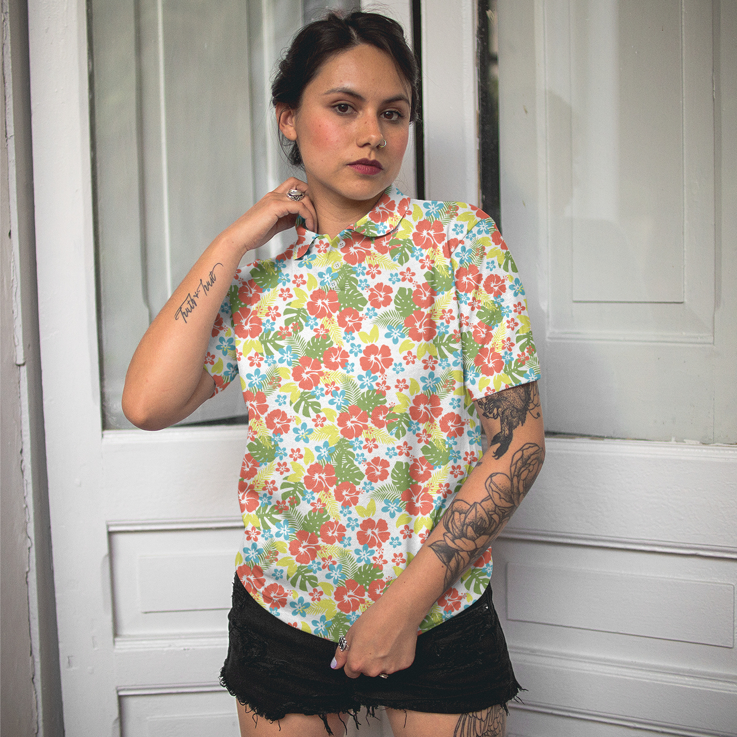 Tropical Flowers Pattern Short Sleeve Women Polo Shirt