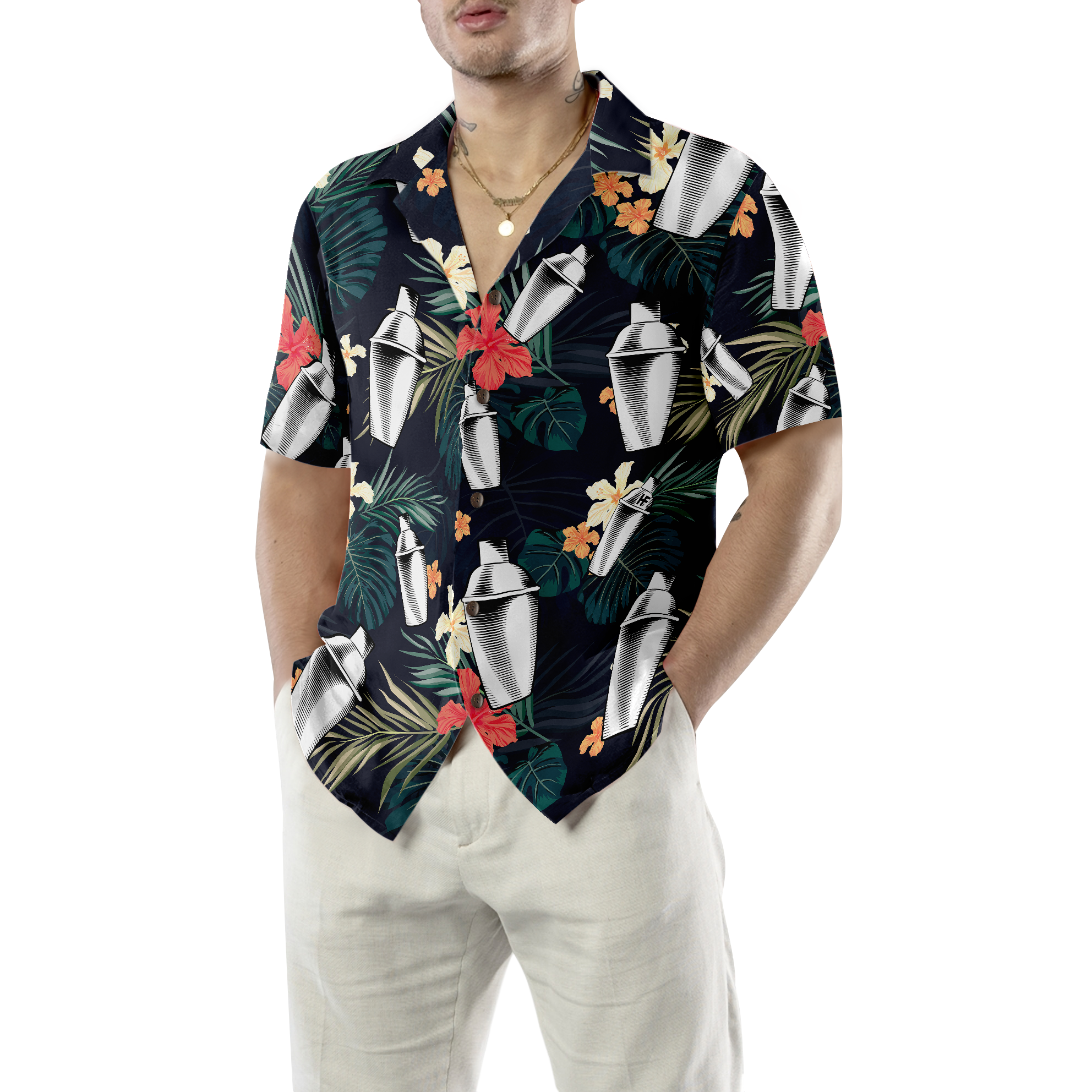 Tropical Pattern Bartender Shirts For Men Hawaiian Shirt