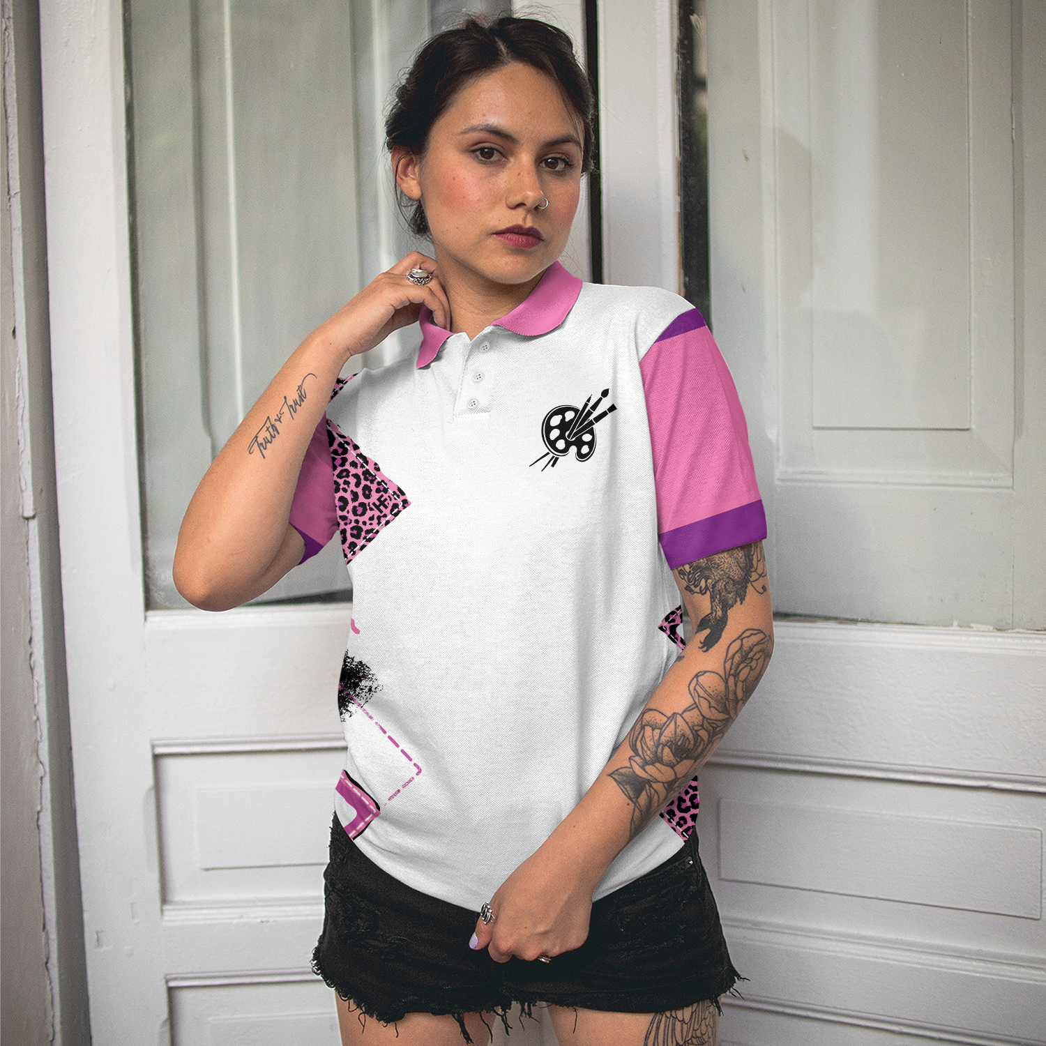 Painting With No Chance Of House Cleaning Or Cooking White And Pink Short Sleeve Women Polo Shirt