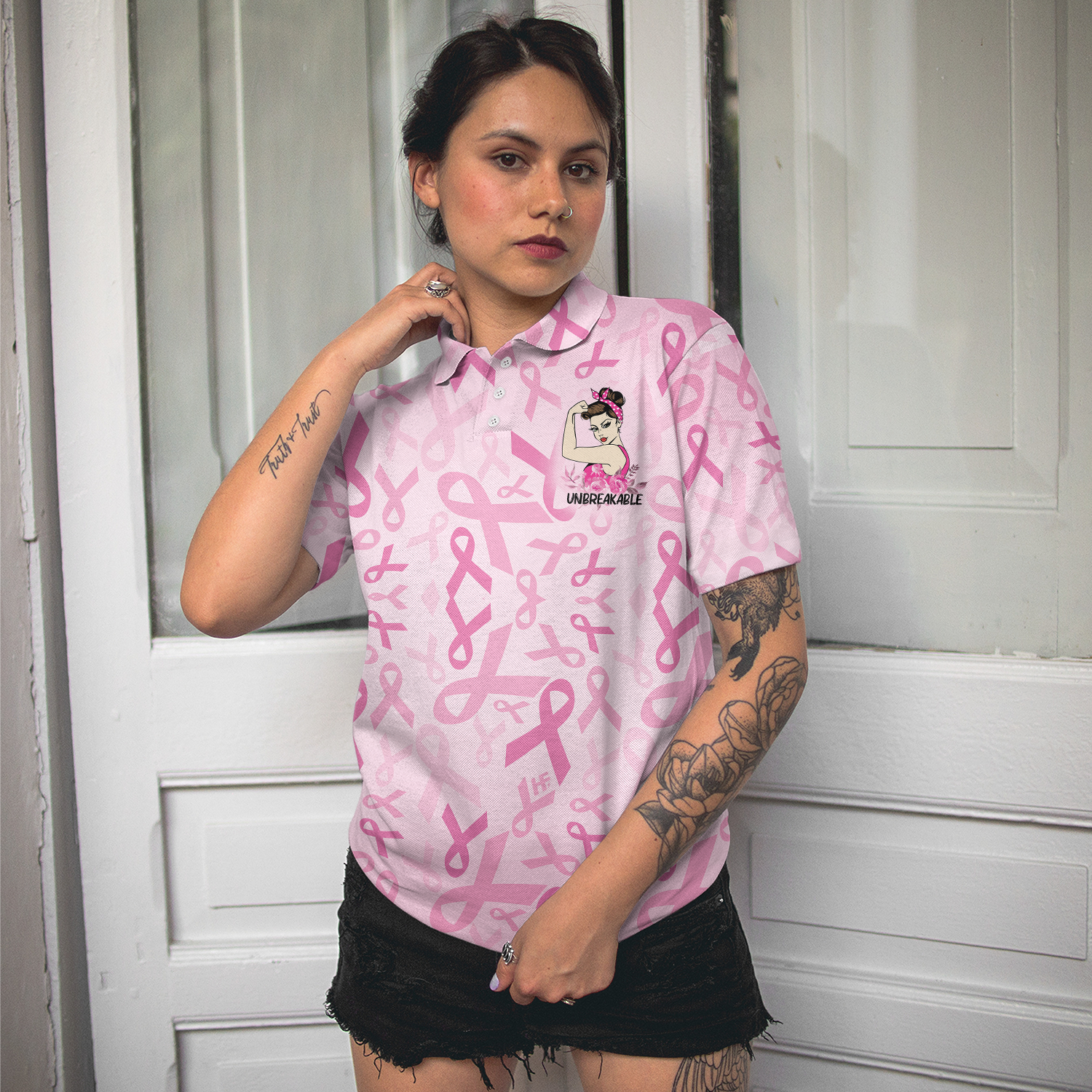Unbreakable Breast Cancer Warrior Pink Breast Cancer Awareness Short Sleeve Women Polo Shirt