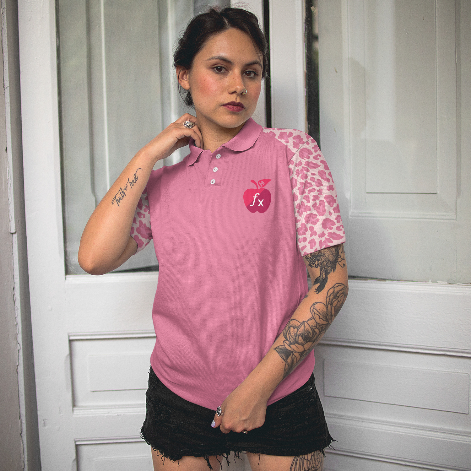 Pink Leopard Math Teacher Short Sleeve Women Polo Shirt, Funny Math Shirt For Ladies