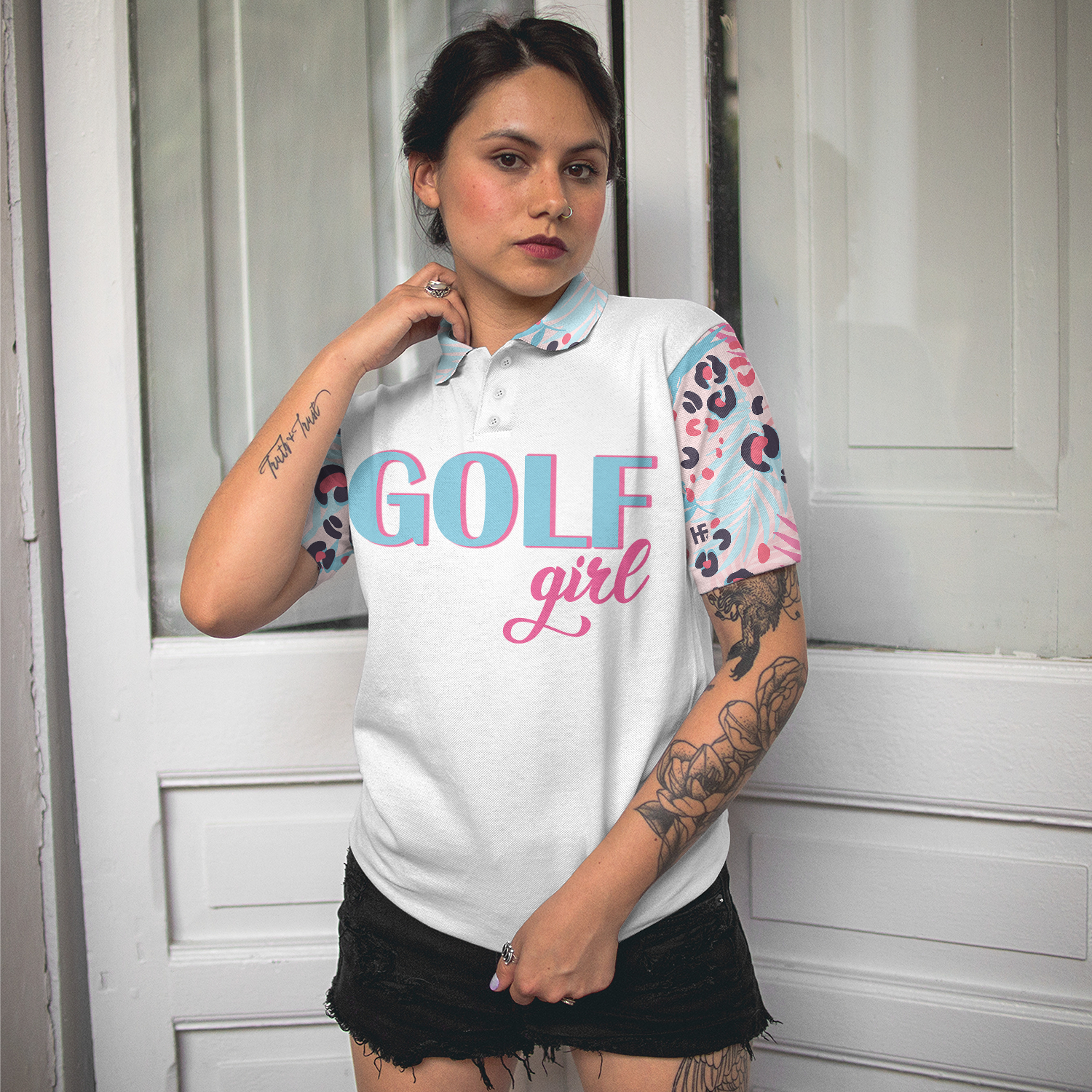 Golf Girl Leopard Pattern Short Sleeve Women Polo Shirt, Unique Golf Shirt For Ladies, Golf Gift For Women