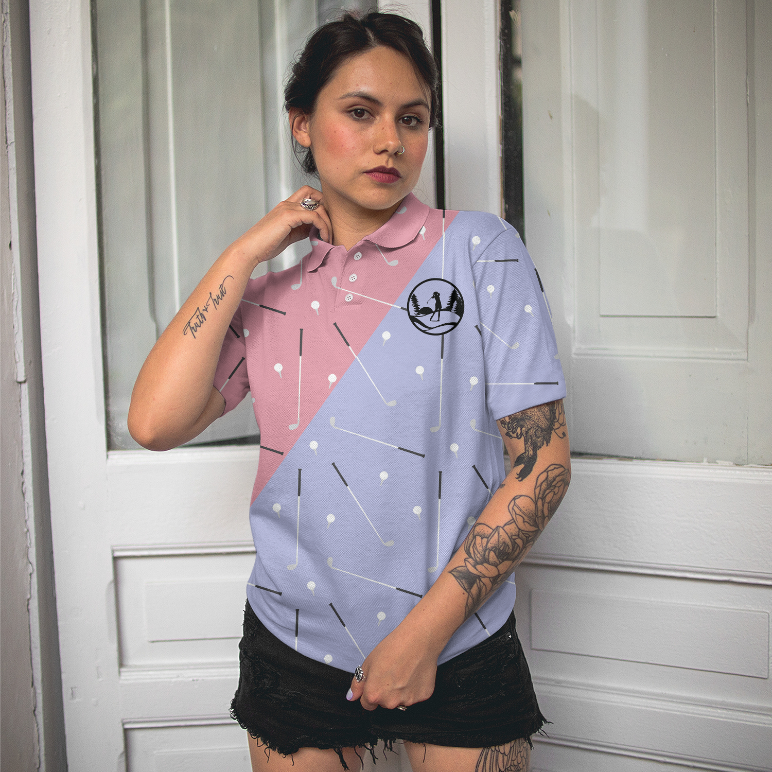 Elegant Golf Girl Seamless Pattern Short Sleeve Women Polo Shirt, Golf Shirt For Ladies, Unique Female Golf Gift