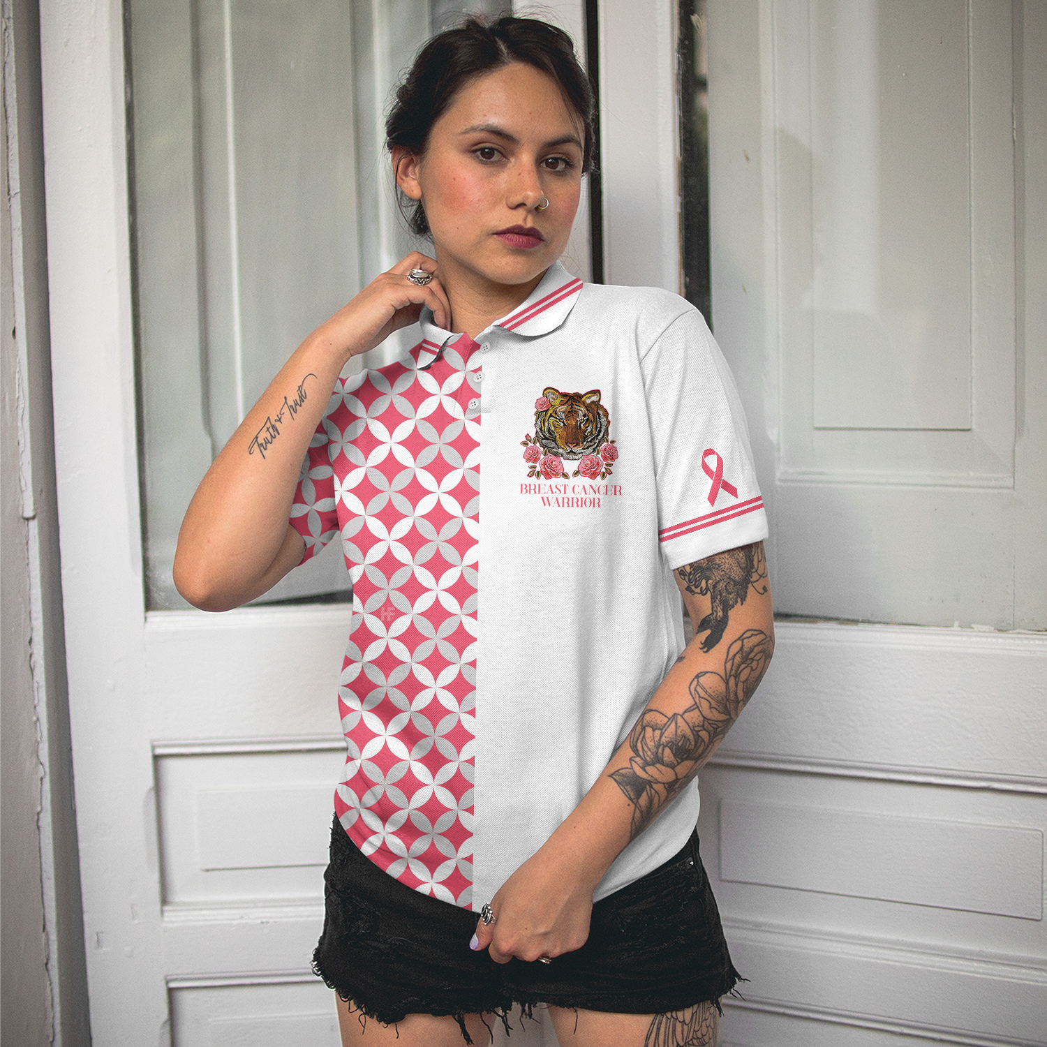 Breast Cancer Tiger Warrior Short Sleeve Women Polo Shirt, Thoughtful Gift For Breast Cancer Survivors