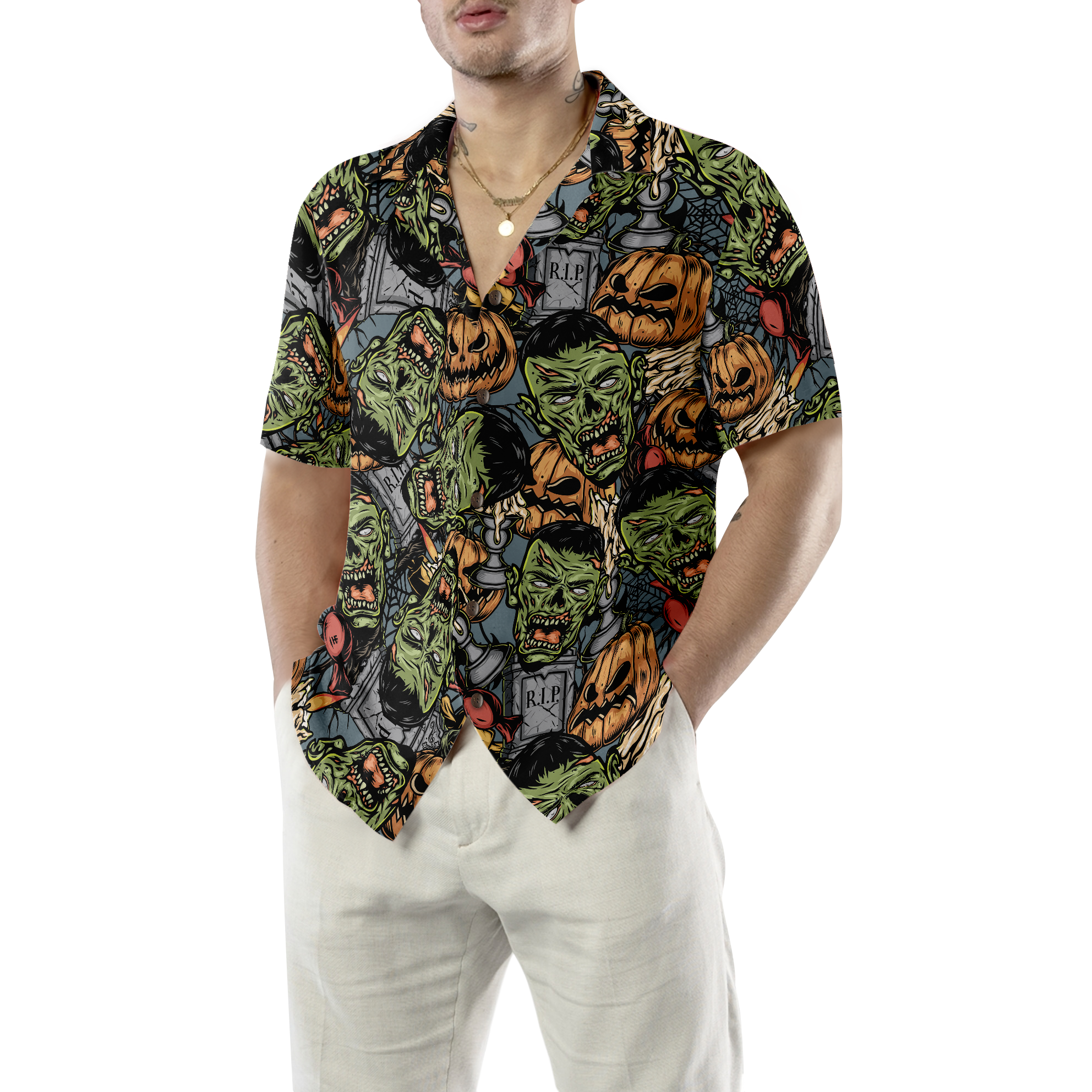 Halloween Monsters Hawaiian Shirt For Men, Rip Grave Board Frankenstein And Jack-o'-lantern Pumpkin Hawaiian Shirt