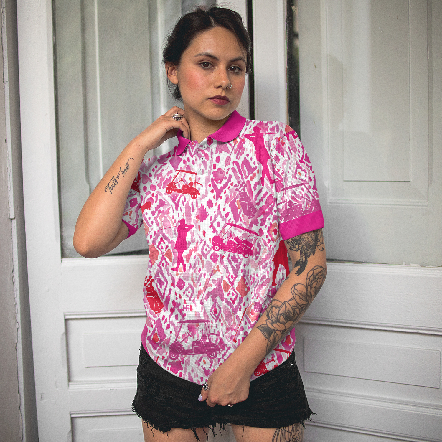 Seamless Pink Golfer Short Sleeve Women Polo Shirt, Unique Gift For Female Golfers