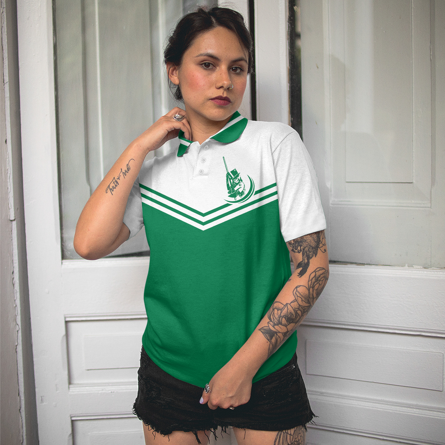 I Play Pool Like A Girl Try To Keep Up Short Sleeve Women Polo Shirt, White And Green Billiards Shirt For Ladies