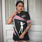 Golf Girl Black White And Pink Short Sleeve Women Polo Shirt, Best Golf Gift For Women