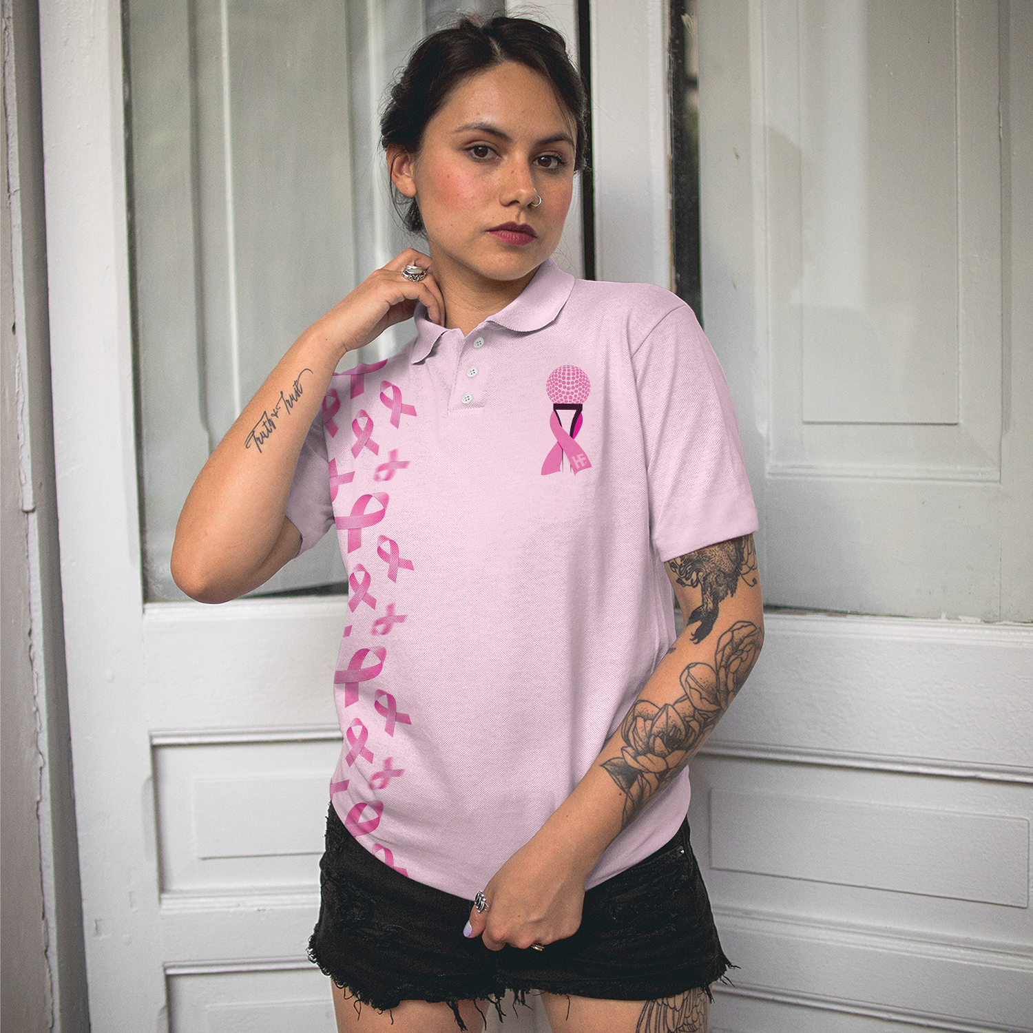 In October We Wear Pink Short Sleeve Women Polo Shirt
