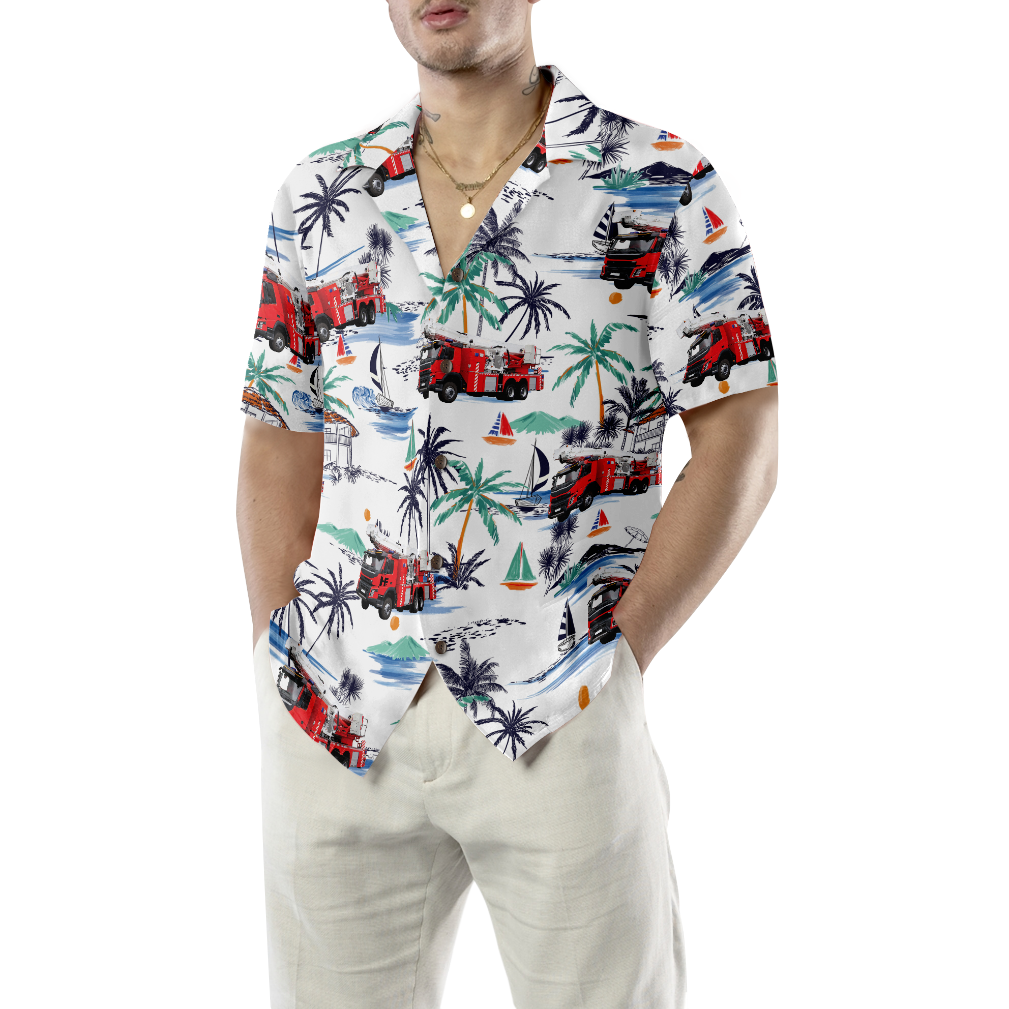 Fire Truck Friend Of Firefighter Hawaiian Shirt, White Tropical Red Fire Truck Firefighter Shirt For Men
