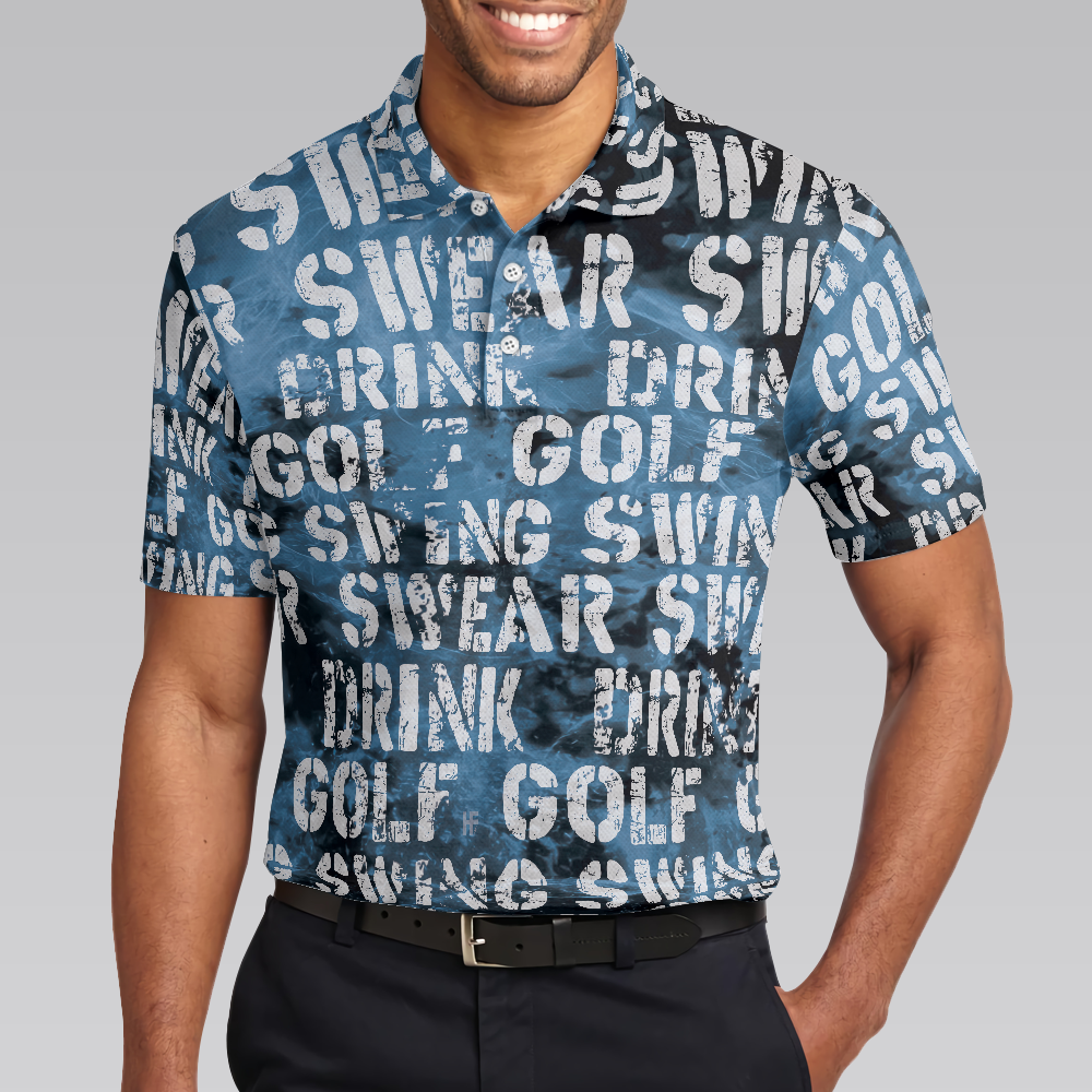 Golf Swing Drink Polo Shirt, Blue Golf Polos For Men With Quotes, Best Golfing Shirt In Hot Weather