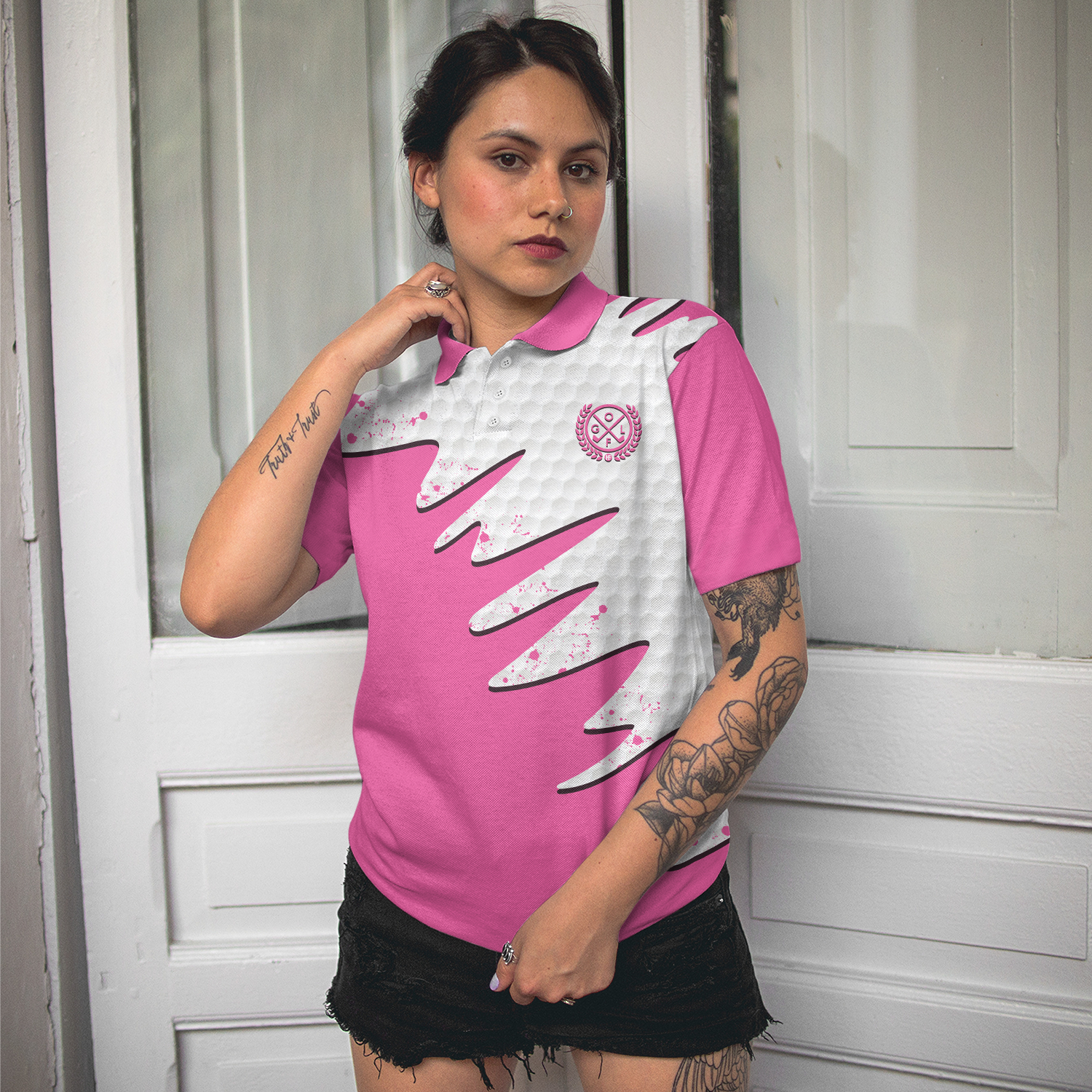 Golf Ball Texture With Pink Color Golf Short Sleeve Women Polo Shirt, Pink Golf Shirt For Women