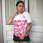 Pink Camouflage Pattern With Women Golfer Short Sleeve Women Polo Shirt, White And Pink Camo Golf Shirt For Ladies