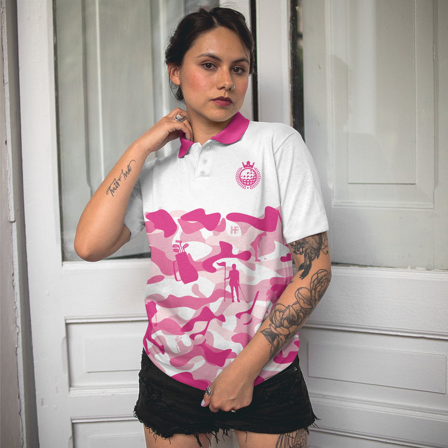 Pink Camouflage Pattern With Women Golfer Short Sleeve Women Polo Shirt, White And Pink Camo Golf Shirt For Ladies