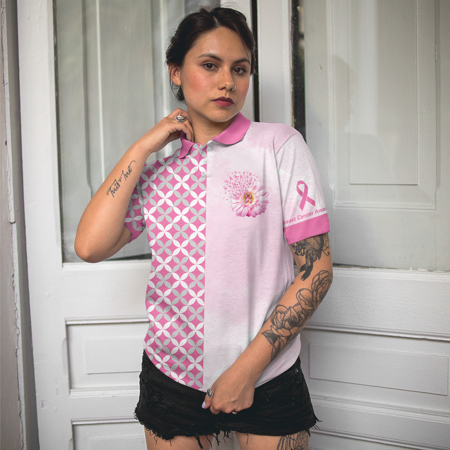 Faith Hope Love Breast Cancer Awareness Short Sleeve Women Polo Shirt, Pink Breast Cancer Awareness Shirt