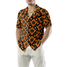 Grinning Black Cats Halloween Hawaiian Shirt For Men, Black And Pumpkin Orange Harlequin Pattern Hawaiian Shirt