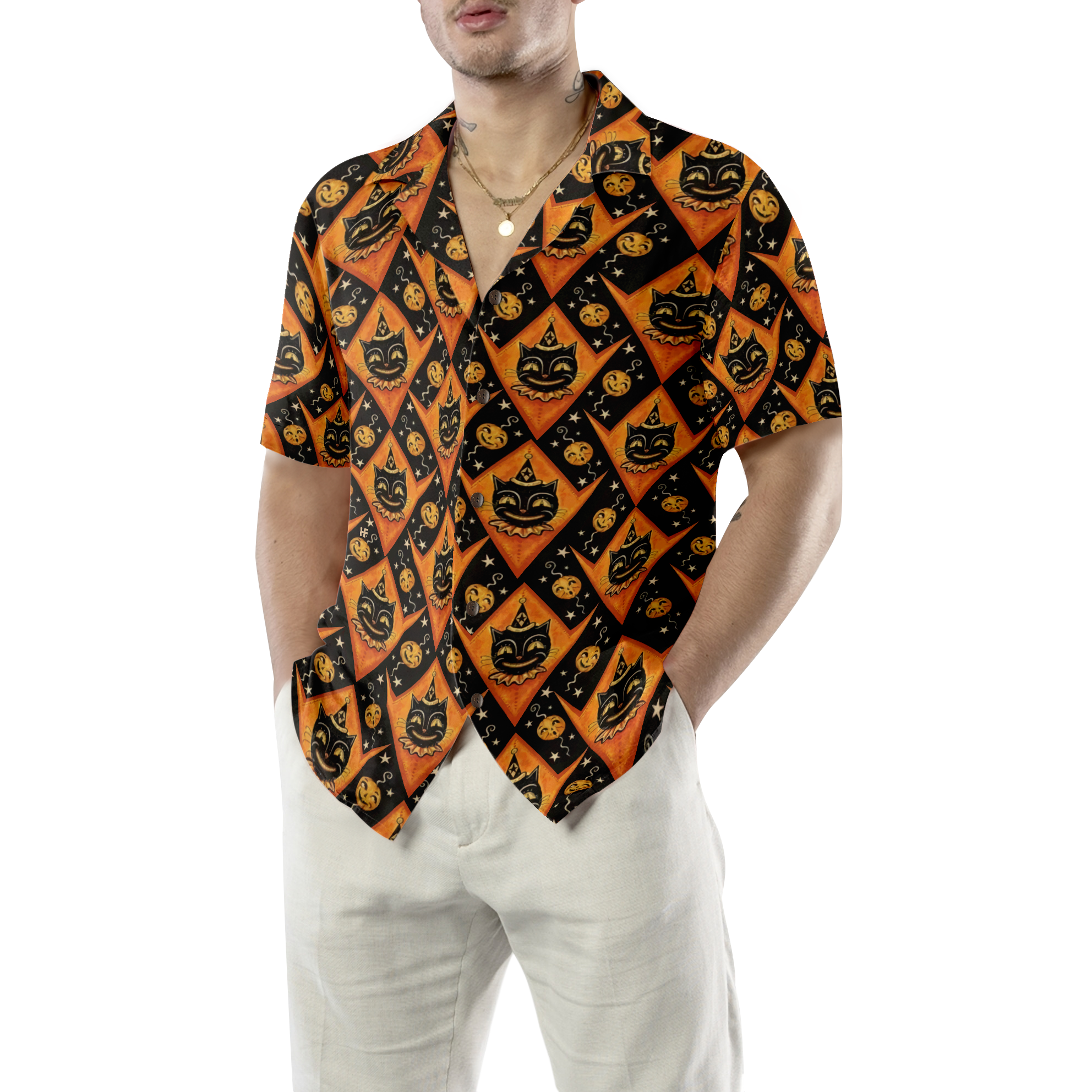 Grinning Black Cats Halloween Hawaiian Shirt For Men, Black And Pumpkin Orange Harlequin Pattern Hawaiian Shirt