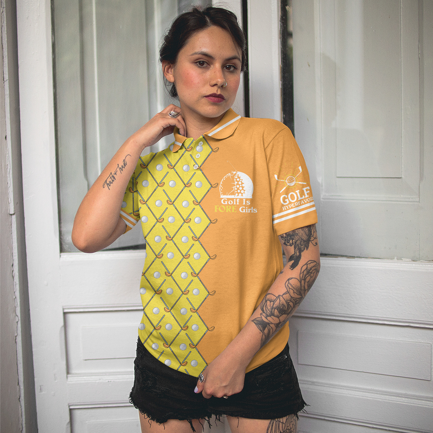 Golf Is Fore Girls Short Sleeve Women Polo Shirt, Yellow Argyle Pattern Golf Polo Shirt, Cool Golf Gift For Women